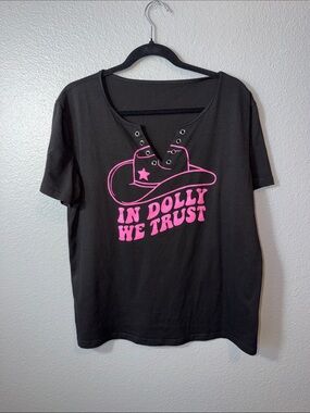 Womens Graphic Tee with Pink 'In Dolly We Trust' Print